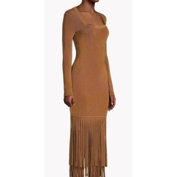 Toccin Mila Fringe Long Sleeve Midi Dress Size XS Bronze Knit Anthropologie NWT - Picture 4 of 12